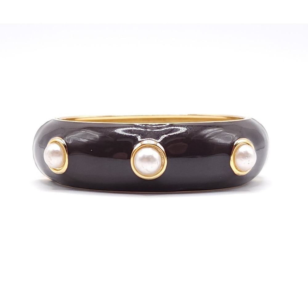 Cookie Lee Brown Enamel Bangle Faux Pearl Hinged Clamper Signed